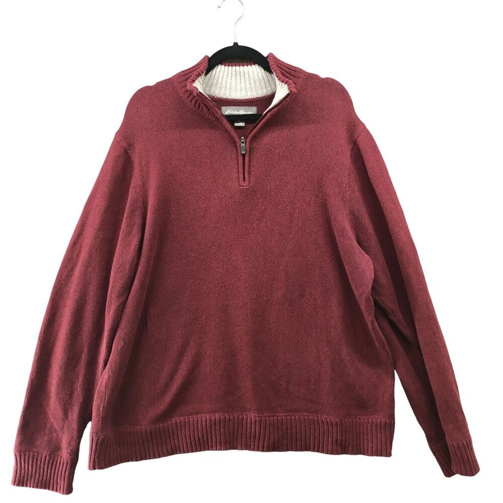 Eddie Bauer 1/4 Zip Sweater Mens 2XL Burgundy Wine‎ Red Cotton Knit Pullover